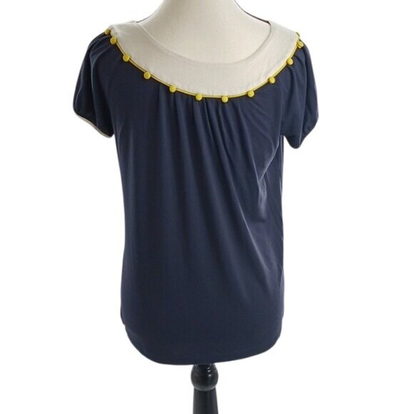 BCBGMaxAzria Blouse Blue Smocked Button Detail Short Sleeve Mid Century Size S - Picture 5 of 8
